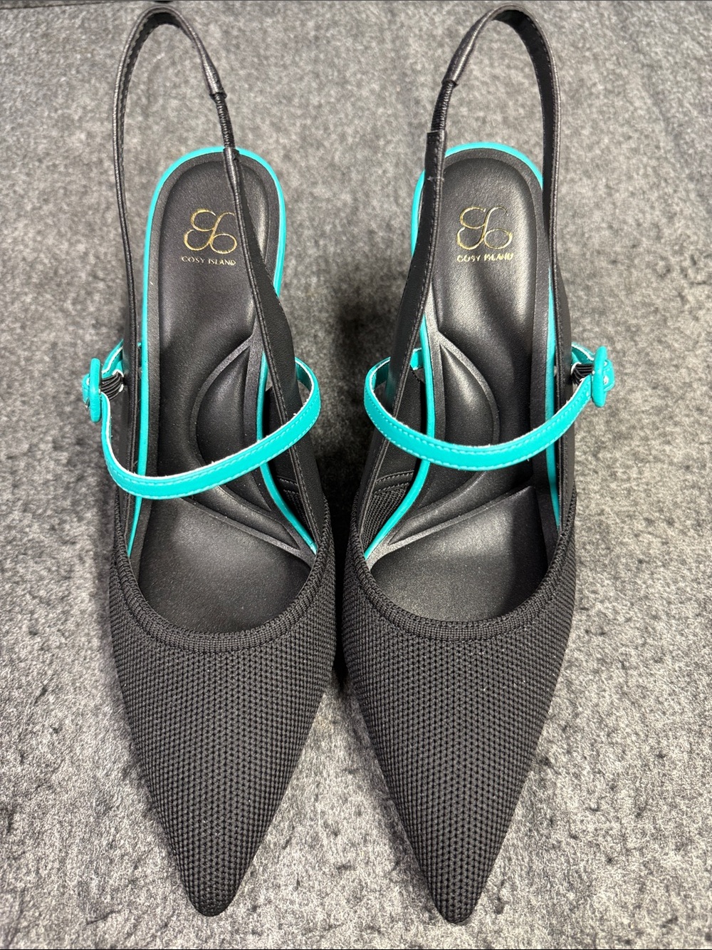 Cozy Island Black Pointed Slingback Heels with Turquoise Strap - Picture 3 of 9